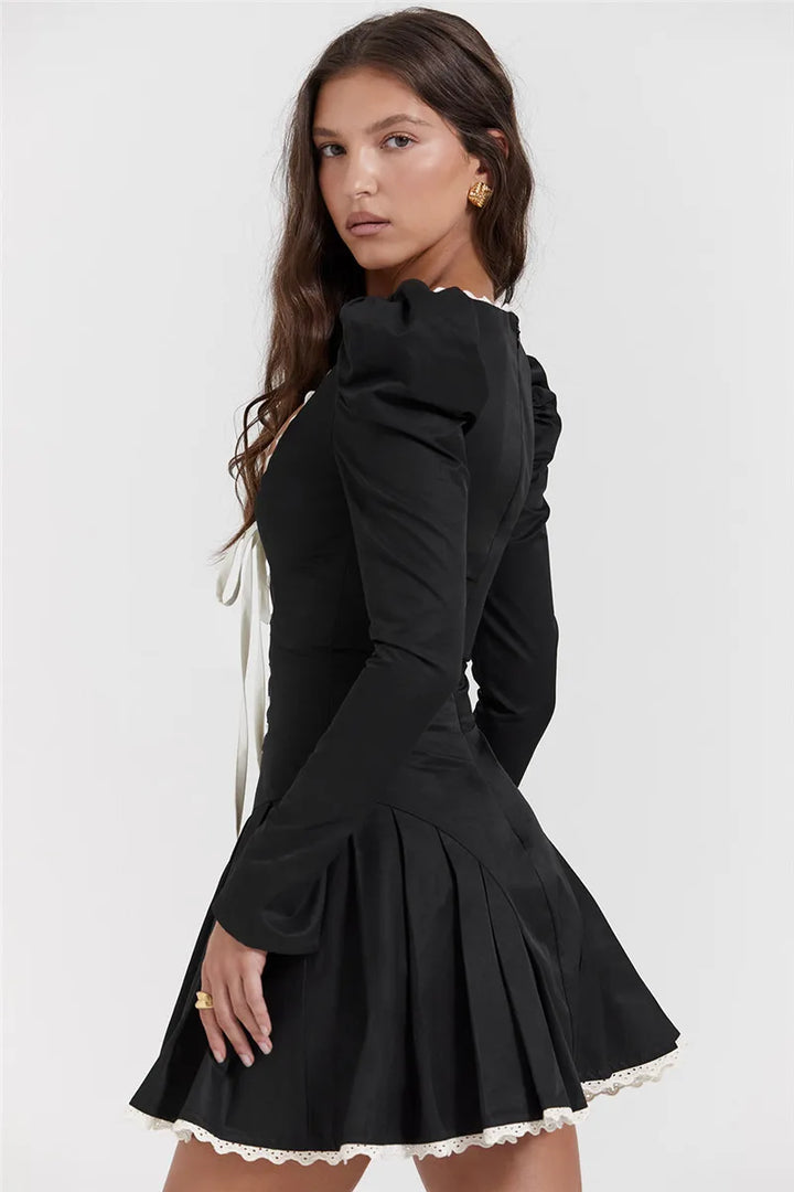 Puff Shoulder Pleated Mini Dress - Vedlit