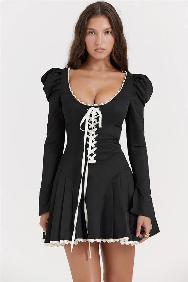 Puff Shoulder Pleated Mini Dress - Vedlit