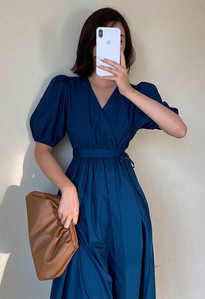 Puff Sleeve Wrap Midi Dress - Vedlit