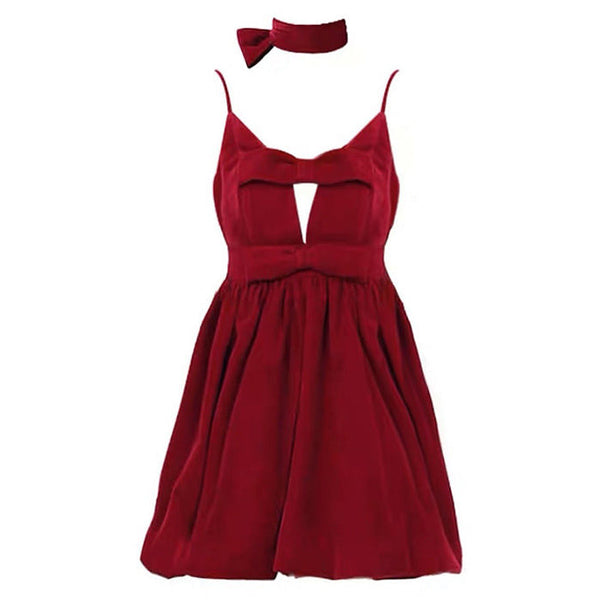 Red Velvet Halter Dress - Vedlit