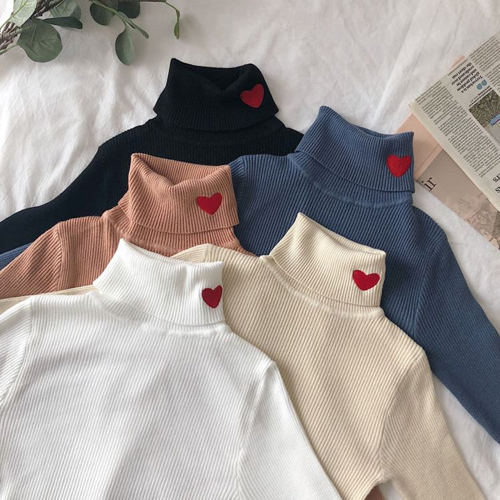 Red Heart Embroidery Turtleneck Jumper - Vedlit