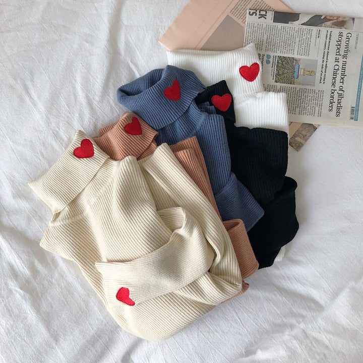 Red Heart Embroidery Turtleneck Jumper - Vedlit