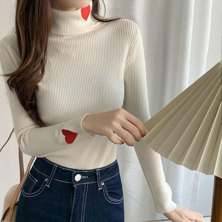 Red Heart Embroidery Turtleneck Jumper - Vedlit