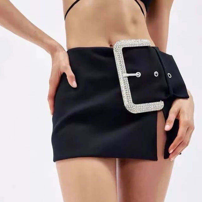 Rhinestone Buckle Mini Skirt - Vedlit