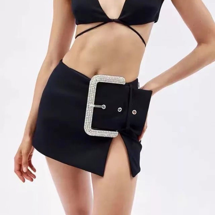Rhinestone Buckle Mini Skirt - Vedlit