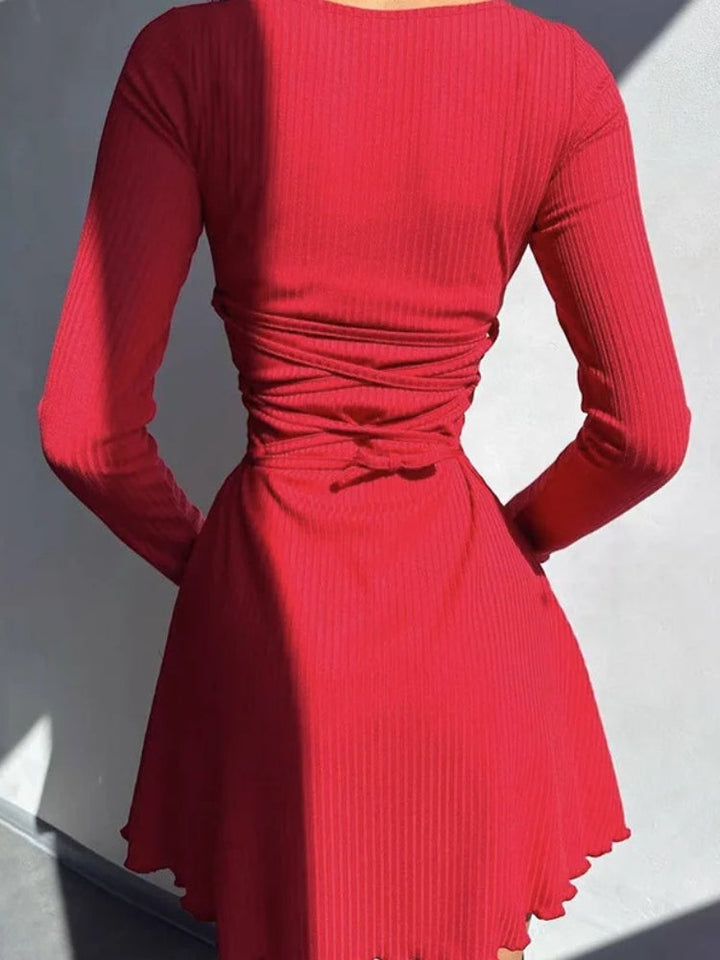 Ribbed Lace Up Mini Dress - Vedlit