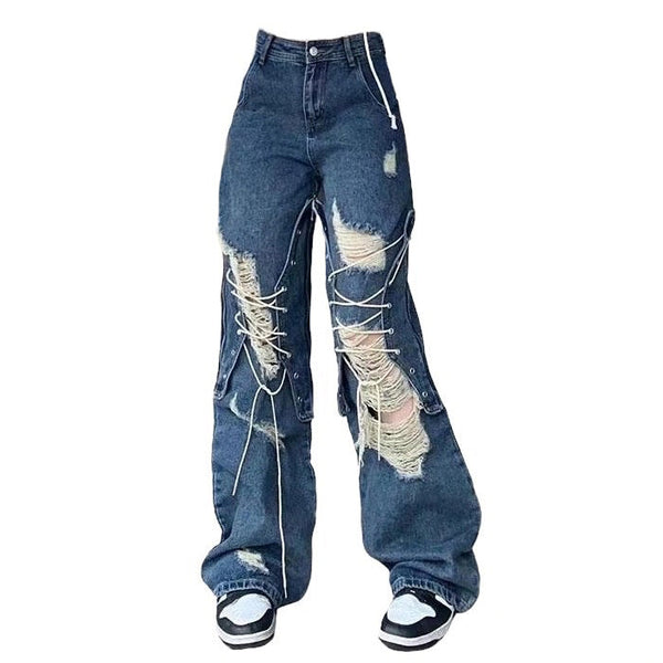 Ripped Lace Up Baggy Jeans - Vedlit