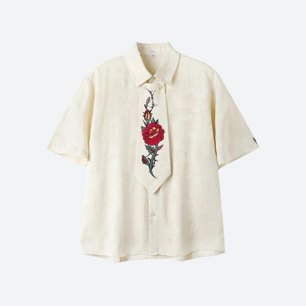 Rose Embroidery Tie Shirt - Vedlit