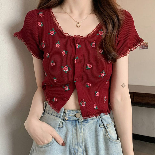 Rose Ribbed Button Up Top - Vedlit