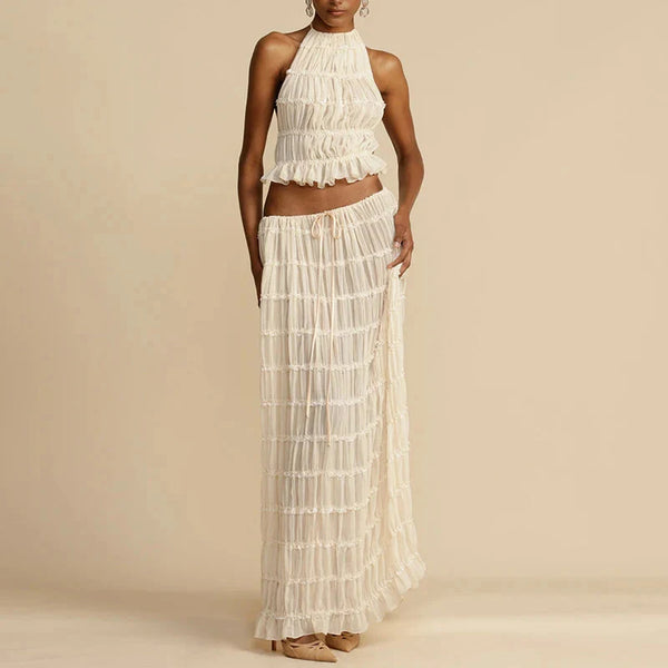 Ruched Backless Top & Maxi Skirt Two Piece Set - Vedlit