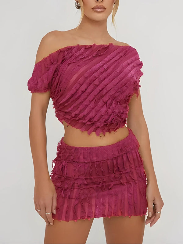 Ruffled One Shoulder Top & Mini Skirt Two Piece Set - Vedlit