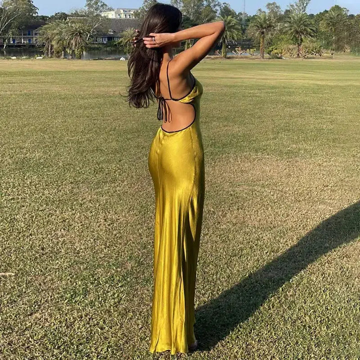 Satin Backless Maxi Dress - Vedlit