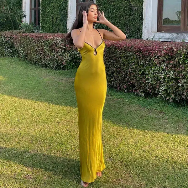 Satin Backless Maxi Dress - Vedlit