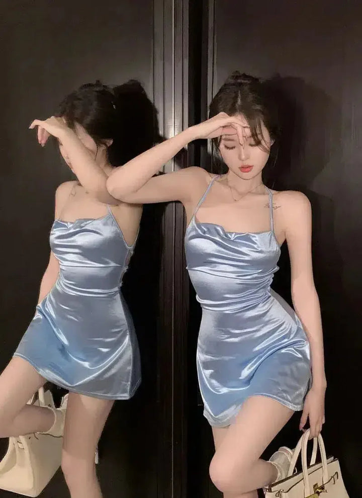 Satin Backless Mini Dress - Vedlit