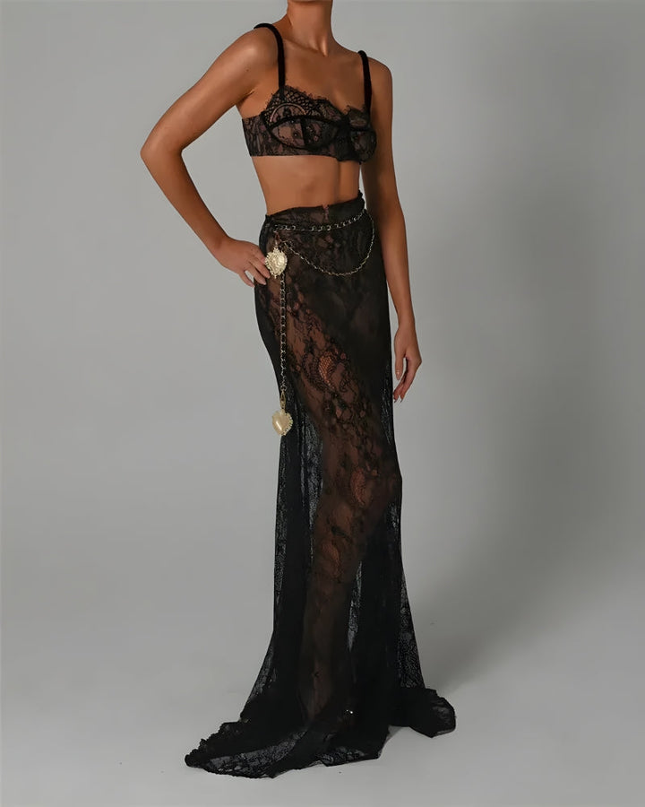 Sheer Lace Two Pieces Set - Vedlit