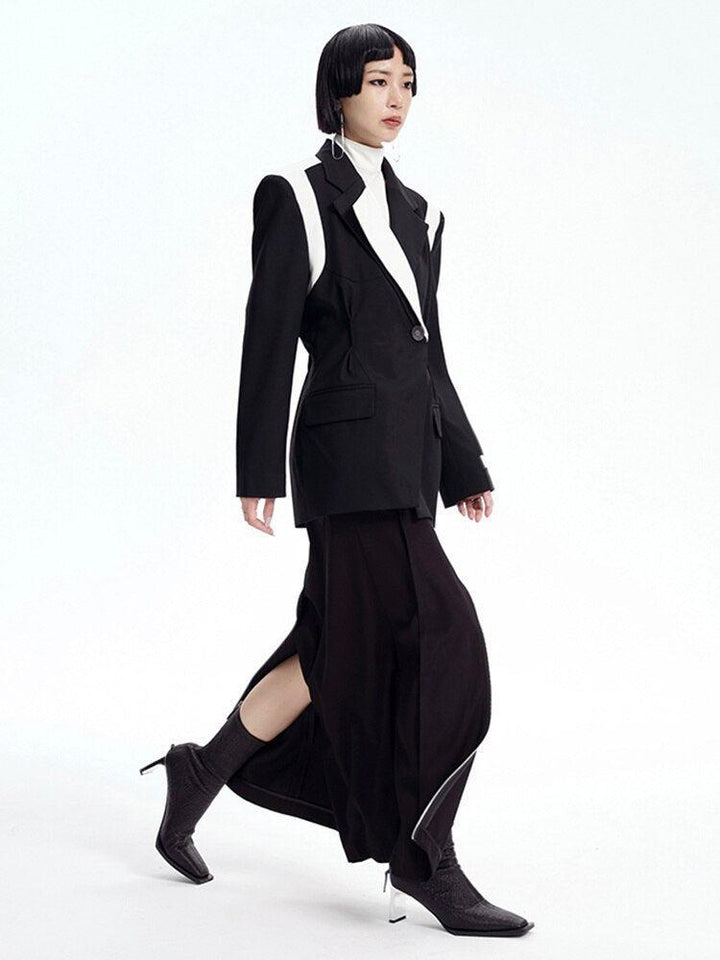 Single Button Color Block Blazer - Vedlit