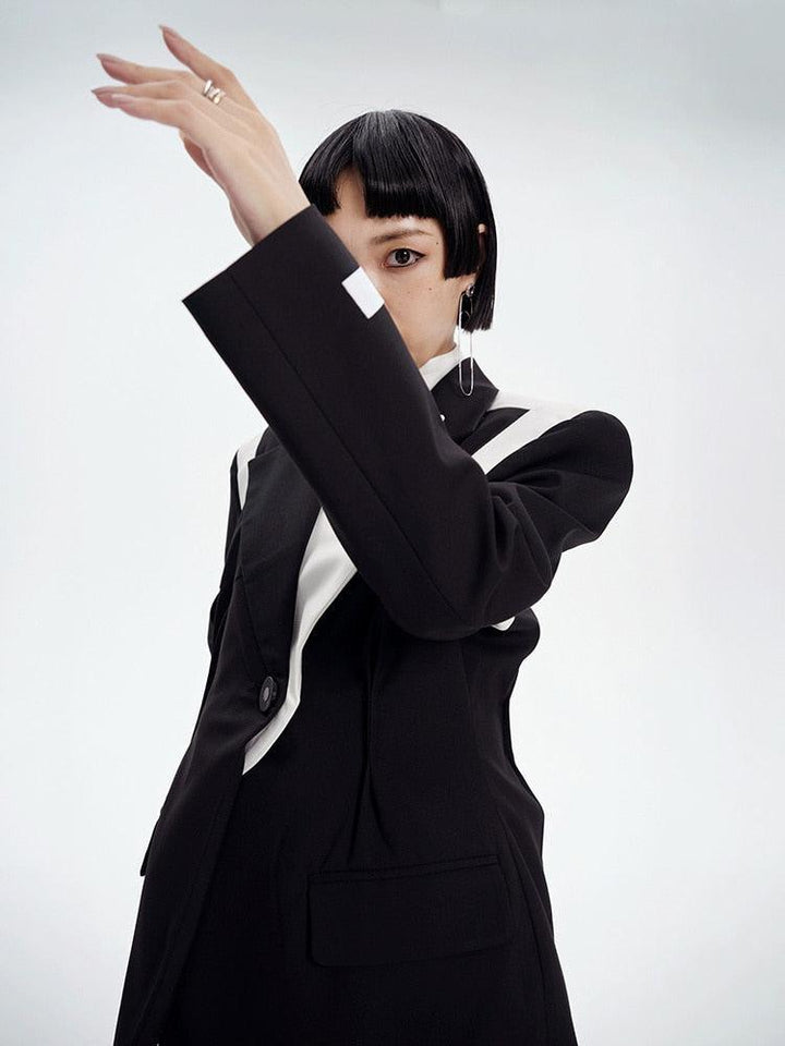 Single Button Color Block Blazer - Vedlit
