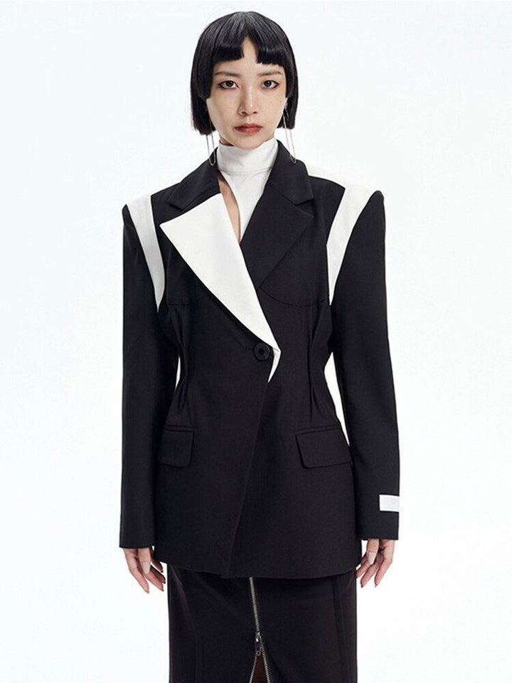 Single Button Color Block Blazer - Vedlit
