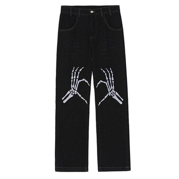 Skeleton Hands Embroidery Jeans - Vedlit
