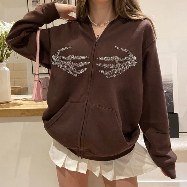 Skeleton Hands Rhinestone Hoodie - Vedlit