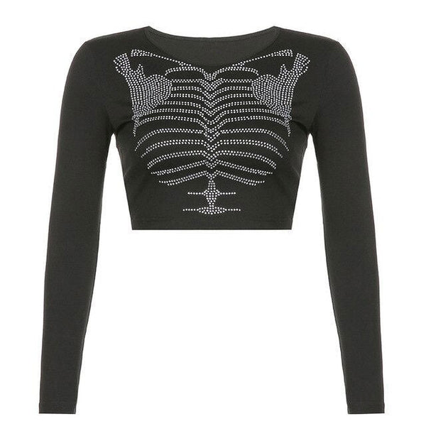 Skeleton Rhinestone Long Sleeve Top - Vedlit