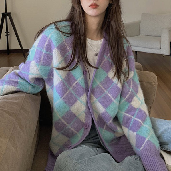 Soft Girl Argyle Cardigan - Vedlit