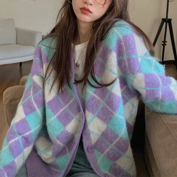 Soft Girl Argyle Cardigan - Vedlit