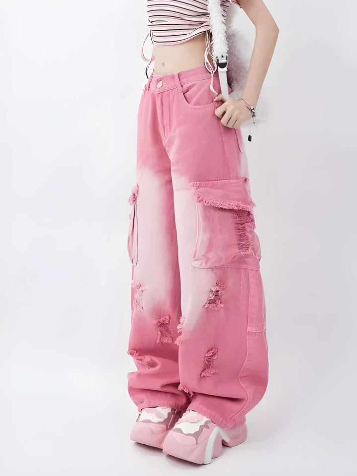 Soft Girl Distressed Cargo Jeans - Vedlit