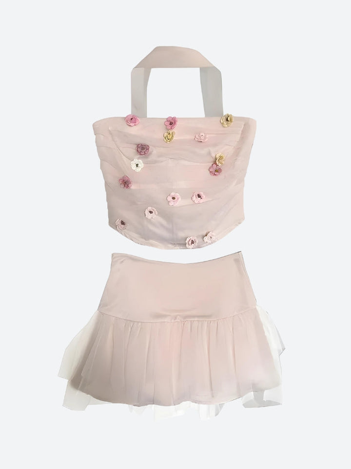 Soft Girl Flower Tube Top & Tulle Mini Skirt Two Piece Set - Vedlit