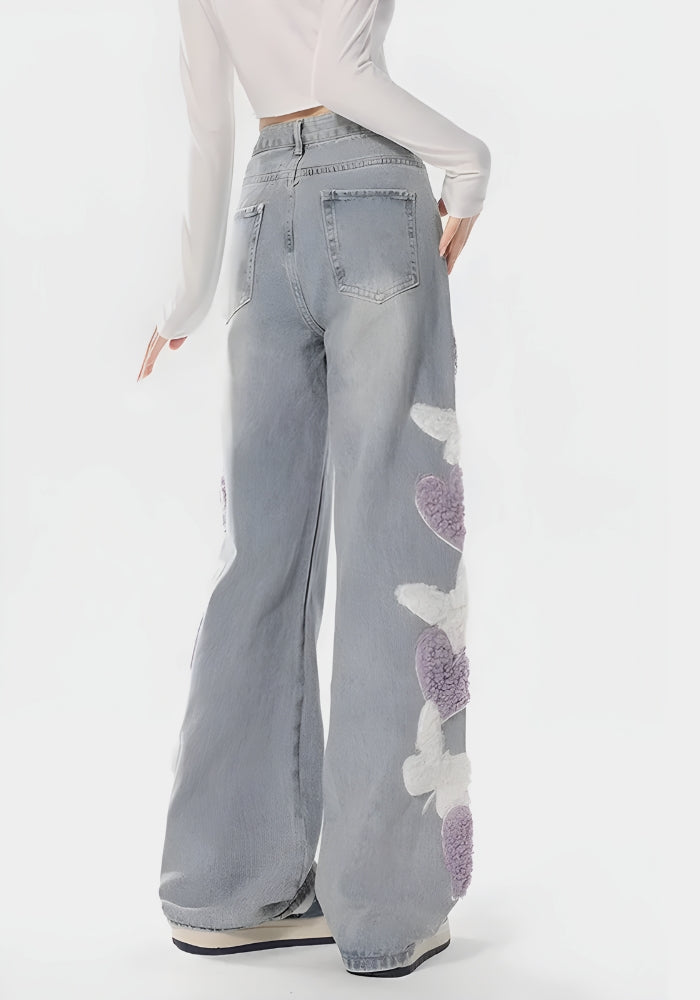 Soft Girl Fluffy Heart Butterfly Jeans - Vedlit