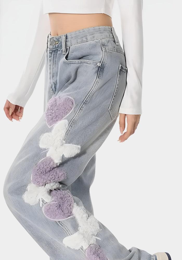 Soft Girl Fluffy Heart Butterfly Jeans - Vedlit