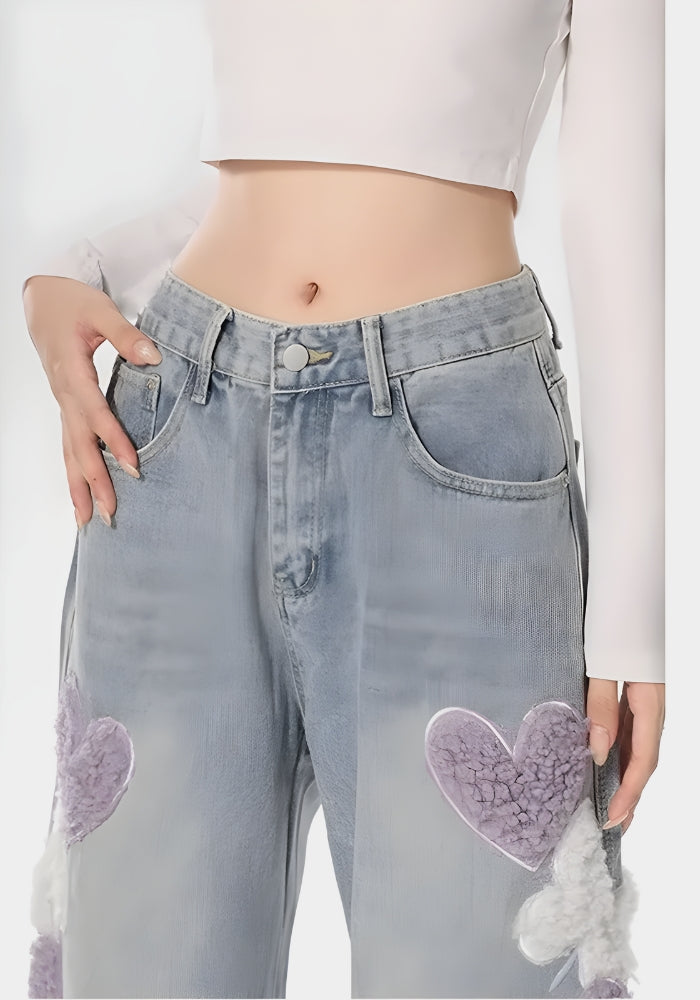 Soft Girl Fluffy Heart Butterfly Jeans - Vedlit