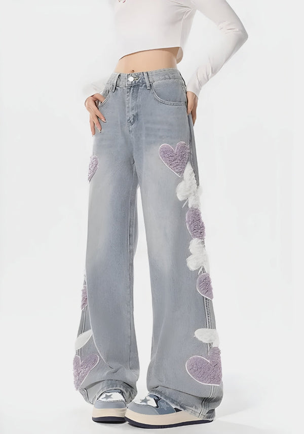 Soft Girl Fluffy Heart Butterfly Jeans - Vedlit