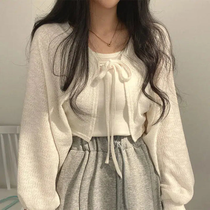 Soft Girl Lace Up Crop Cardigan - Vedlit