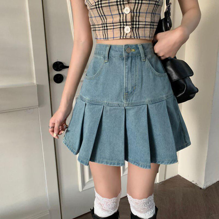 Soft Girl Pleated Denim Mini Skirt - Vedlit