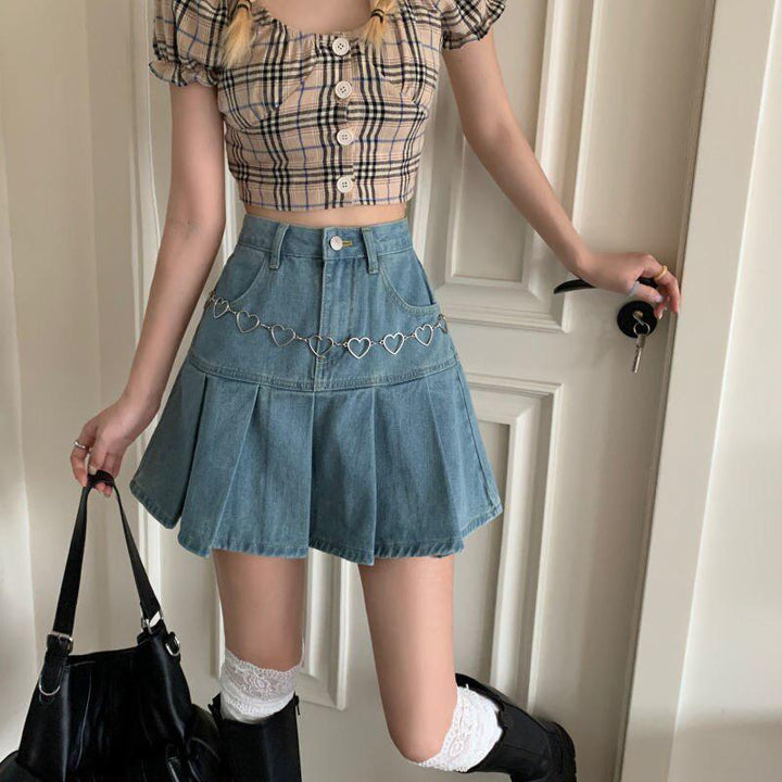 Soft Girl Pleated Denim Mini Skirt - Vedlit