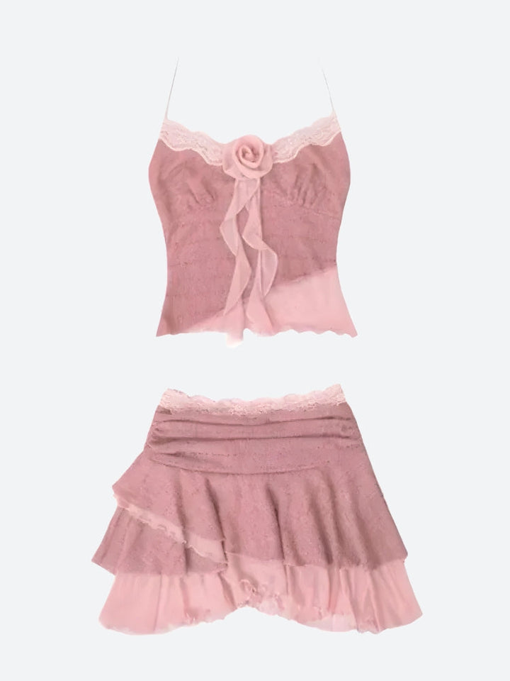 Soft Girl Rose Top & Mini Skirt Two Piece Set - Vedlit