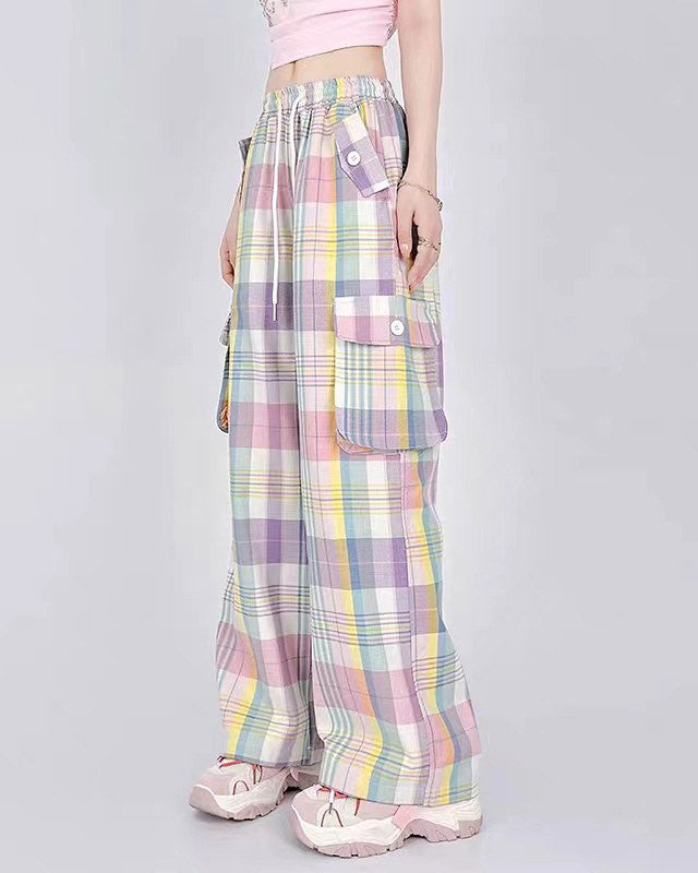 Soft Girl Plaid Cargo Pants - Vedlit