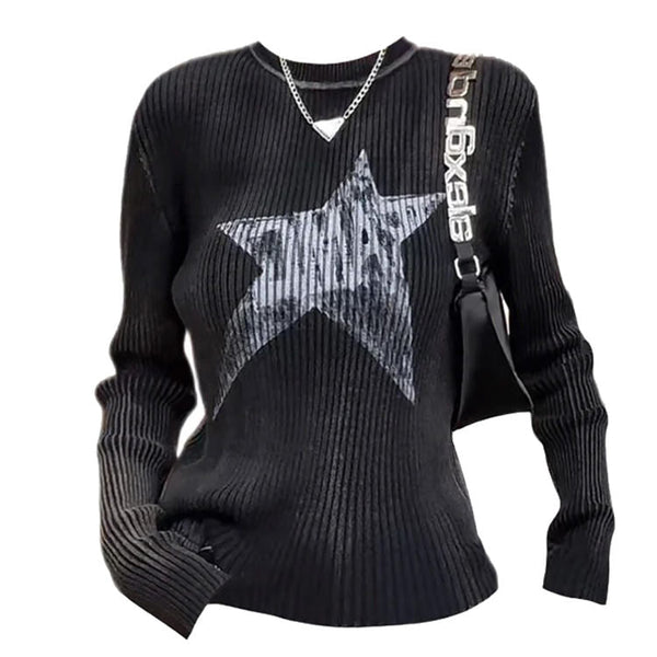 Star Print Ribbed Long Sleeve Top - Vedlit