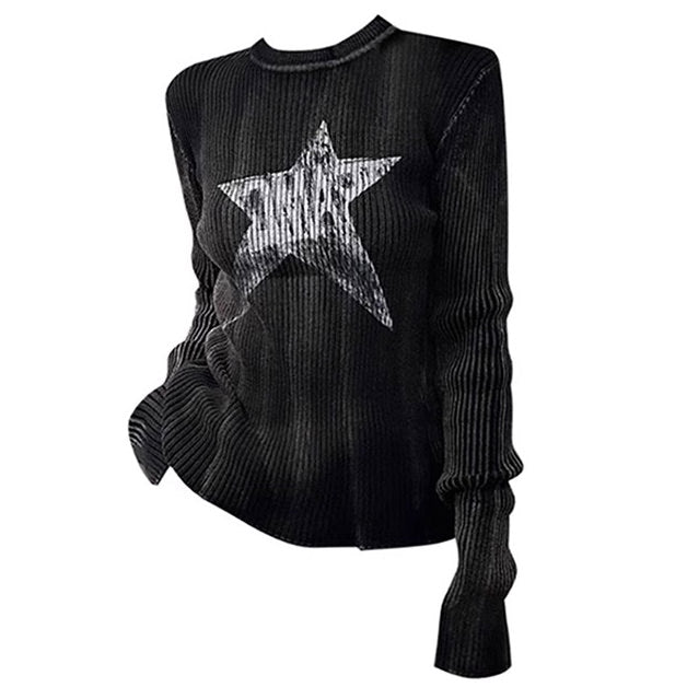 Star Print Ribbed Long Sleeve Top - Vedlit