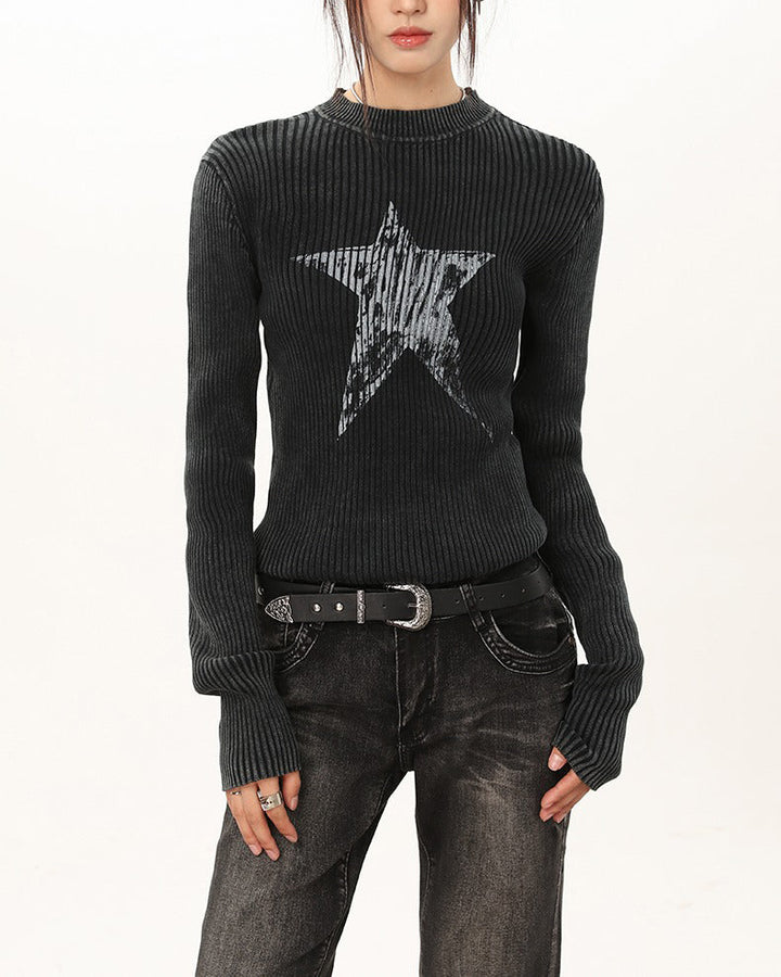Star Print Ribbed Long Sleeve Top - Vedlit