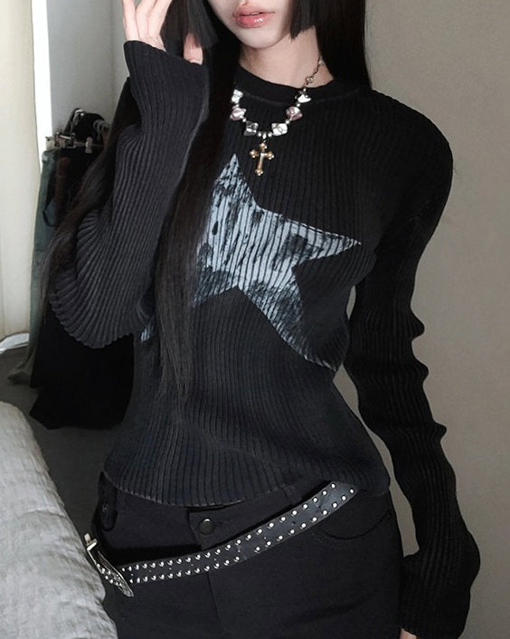 Star Print Ribbed Long Sleeve Top - Vedlit