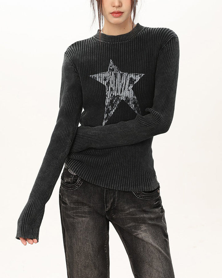 Star Print Ribbed Long Sleeve Top - Vedlit