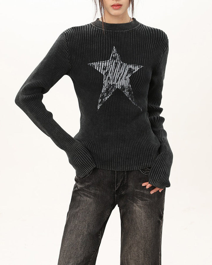 Star Print Ribbed Long Sleeve Top - Vedlit