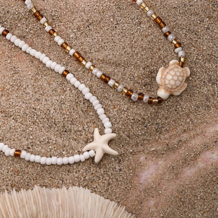 Starfish & Turtle Beaded Two-Pack Necklace Set - Vedlit