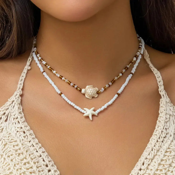 Starfish & Turtle Beaded Two-Pack Necklace Set - Vedlit