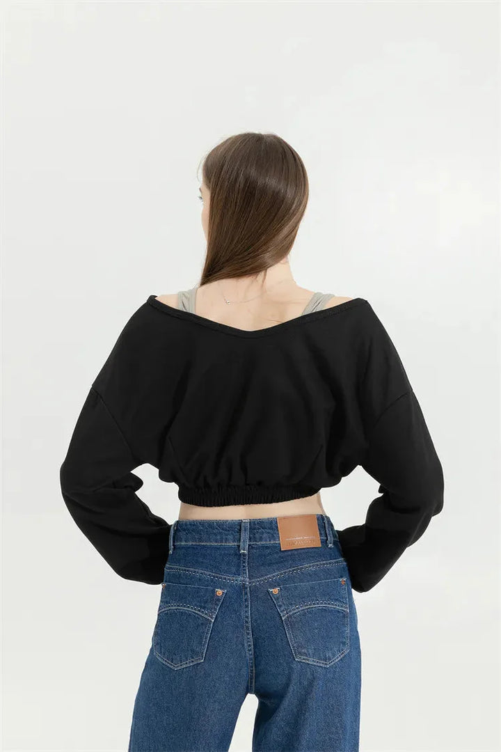 Strap Detailed Wide Neck Crop Sweatshirt - Vedlit