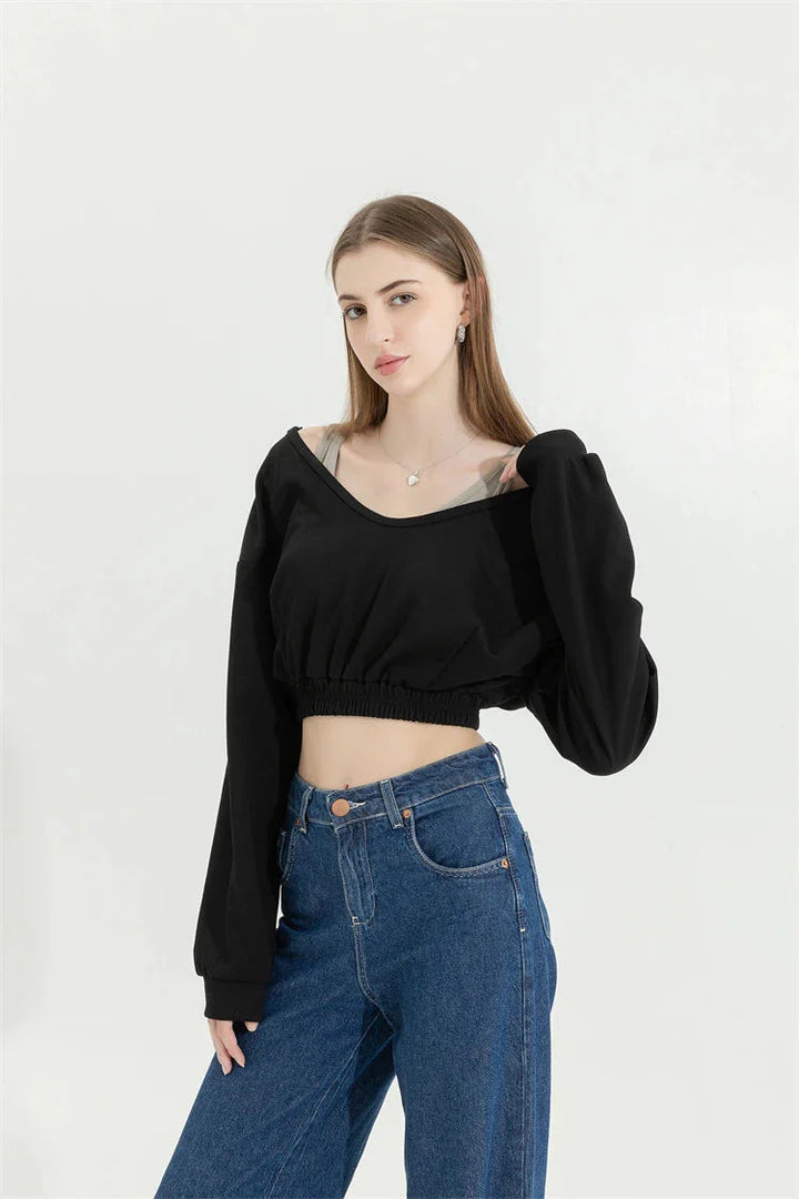 Strap Detailed Wide Neck Crop Sweatshirt - Vedlit