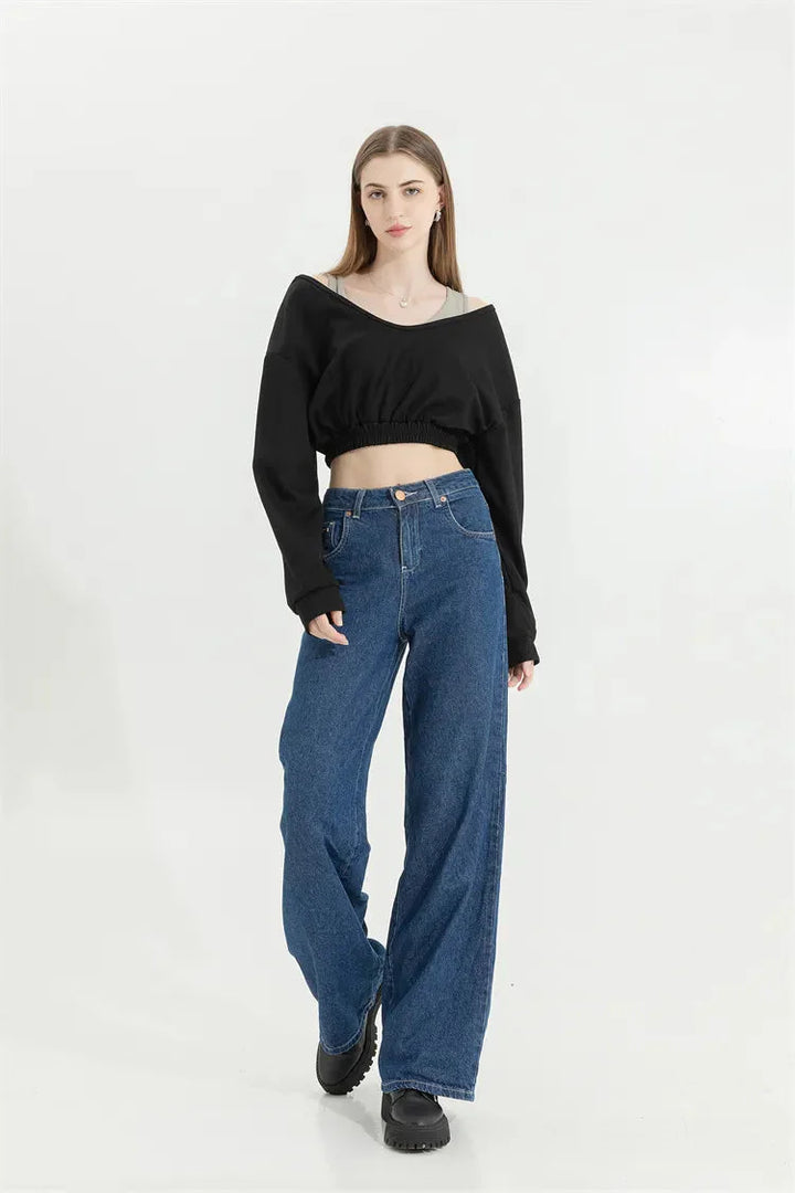 Strap Detailed Wide Neck Crop Sweatshirt - Vedlit