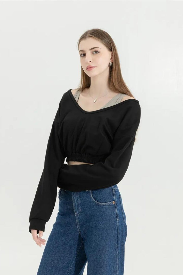 Strap Detailed Wide Neck Crop Sweatshirt - Vedlit